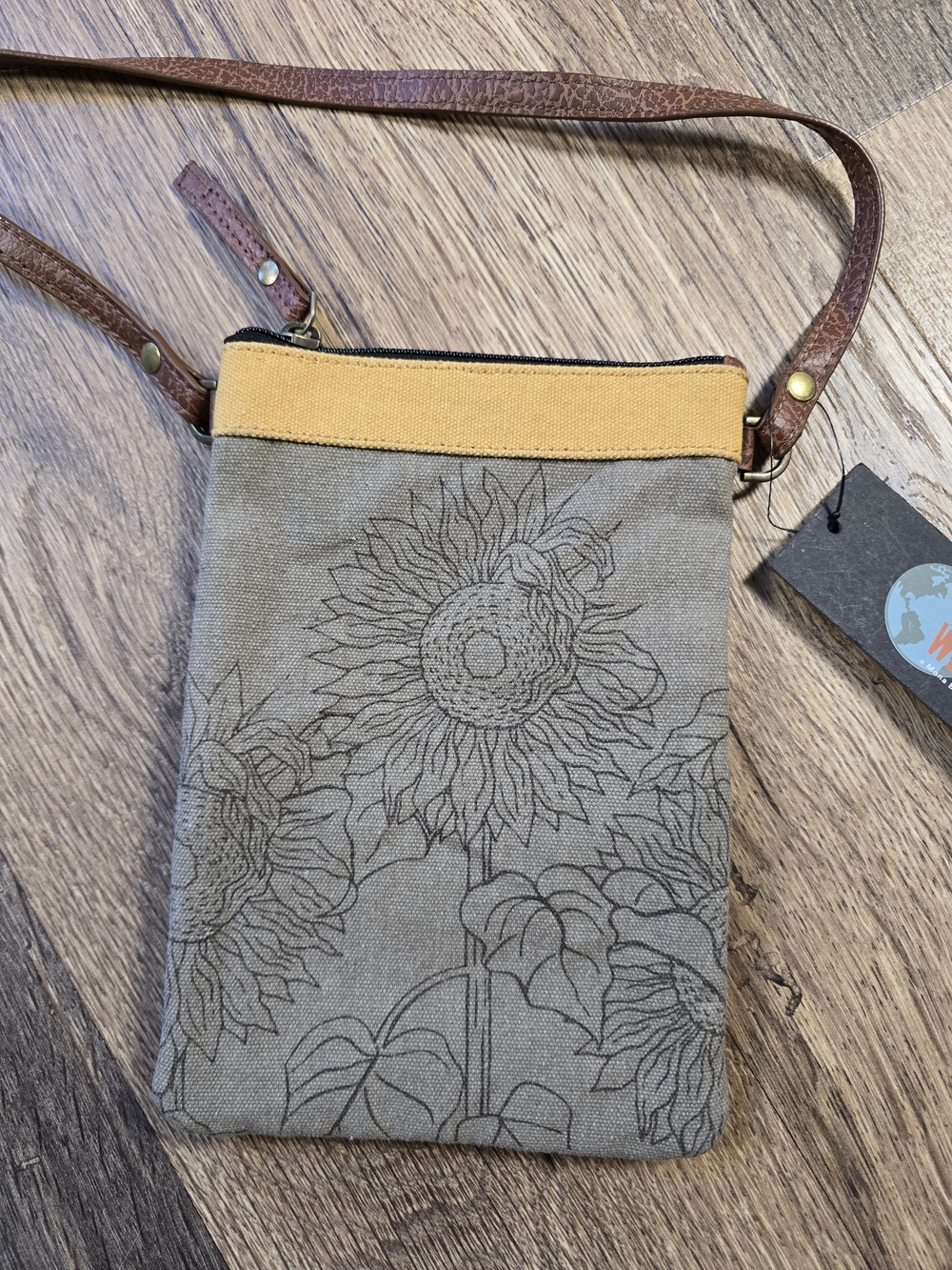 Mona B Crossbody Sunflower-Print Canvas Vegan Leather Up-Cycled Bag
